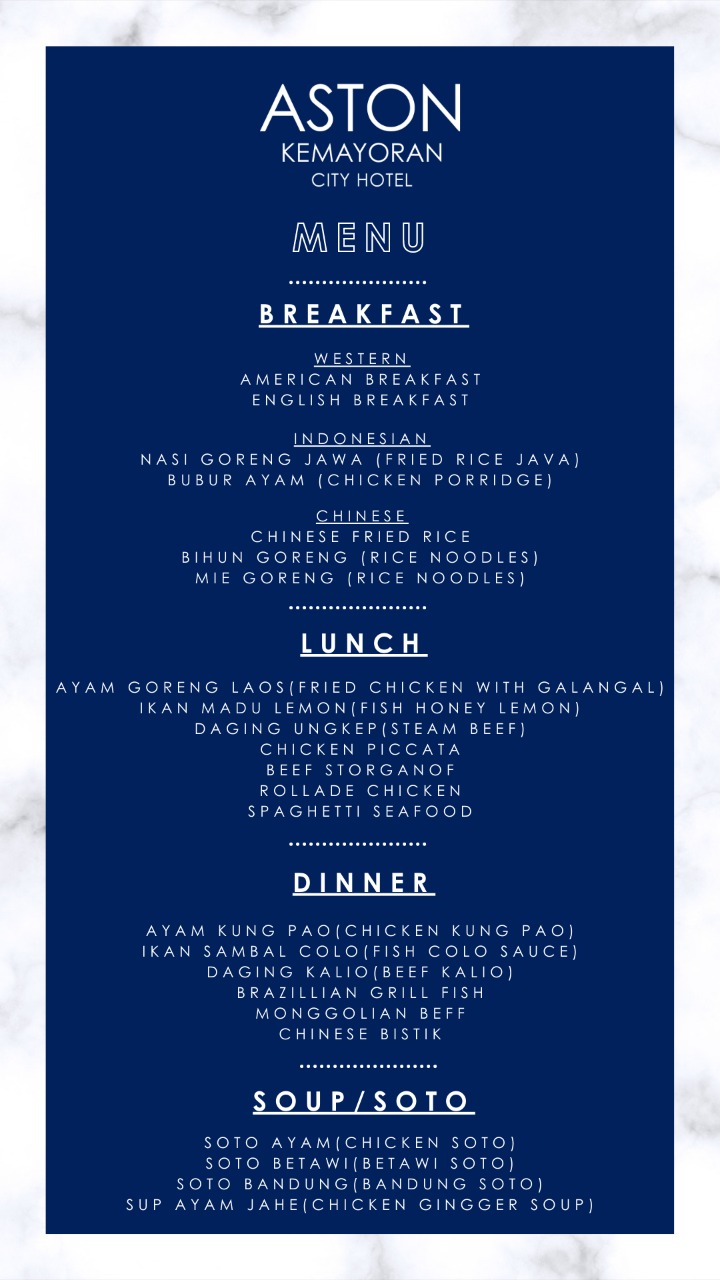 MENU PACKAGE ( menu can change based on schedule rotation )